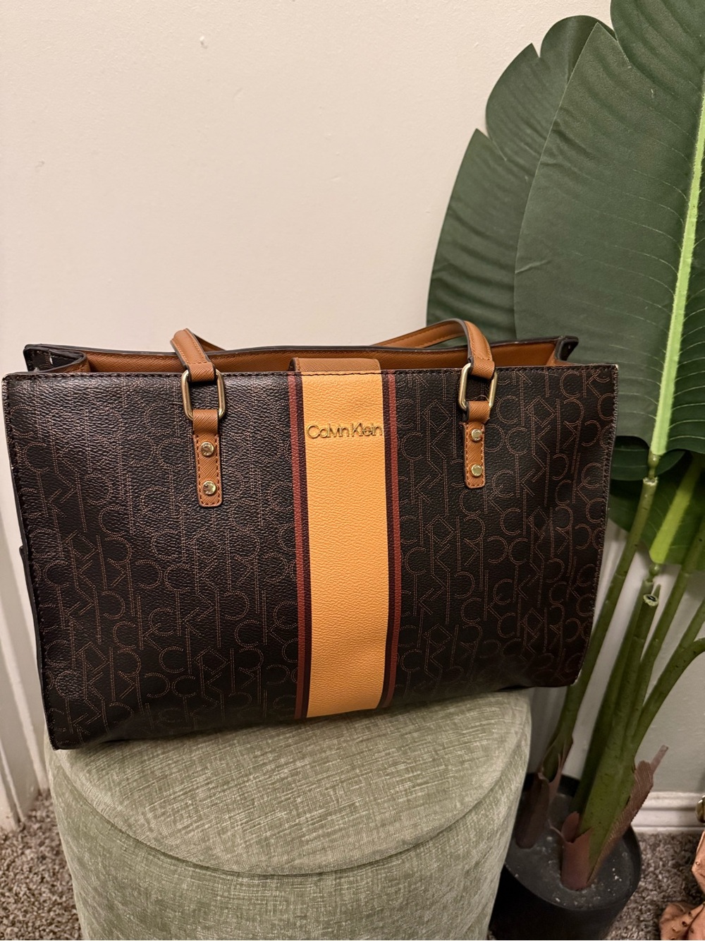 LIKE-NEW Calvin Klein Brown CK Monogram Logo Stripe Large Tote Shoulder Bag